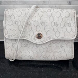 Christian Dior Honeycomb Canvas Shoulder Bag PVC Leather White Gold Auth 91025